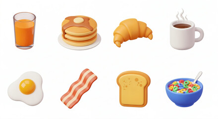 Series of 3D model icons of commonly consumed breakfast food itens. Isolated on white background.