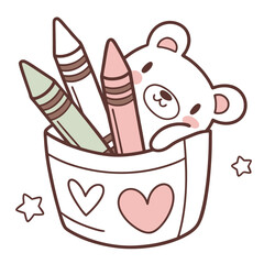 A bear peeking from a pot of crayons isolated on white