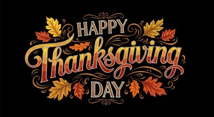 Thanksgiving Day Elegant Typography Design with Autumn Leaves  Festive Greeting Card