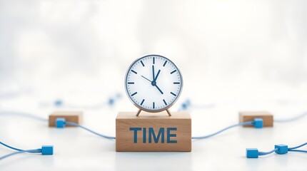 Time Management Concept with Clock and Connected Cables on Wooden Block