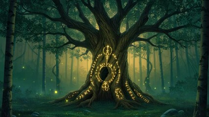 Glowing ancient tree in enchanted forest - Powered by Adobe