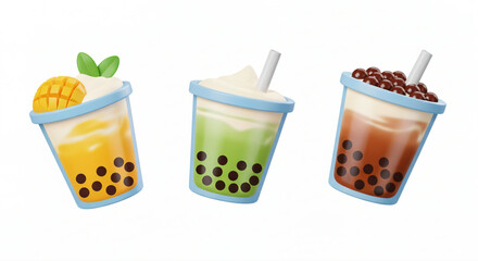 3D model iconic bubble teas set against white background.