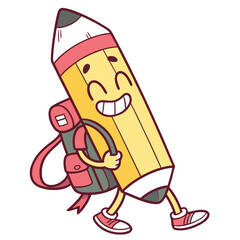 A happy pencil character with a backpack, ready for school