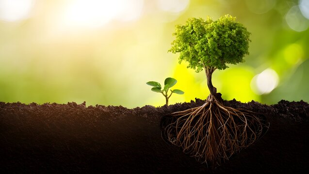 Tree growth stages concept, small plant and big tree with roots in soil, nature growth - Powered by Adobe