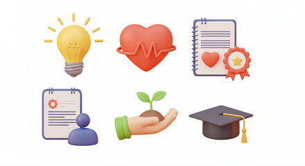 Set of 3D model cartoonish icons with cute roundish appearence symbolizing professional goals and personal objectives, isolated against white background.