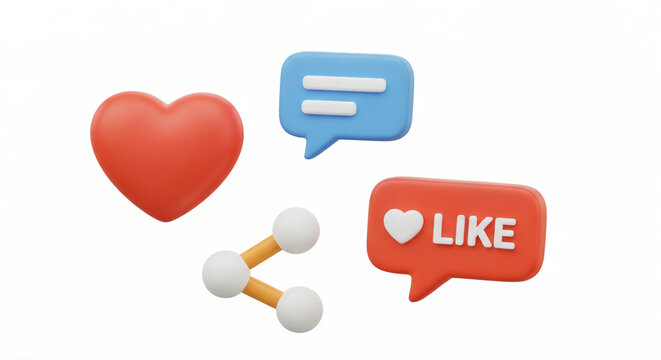 Social media like, share and comment flat icons. Cute roundish shaped. All set against white background.