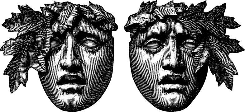 Engraved dionysus mask set with leaf adornments for artistic design