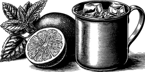 Intricate moscow mule engraving with copper mug and fresh citrus elements