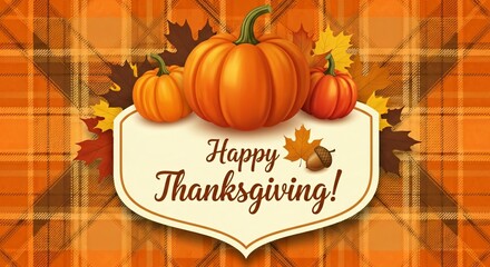 Thanksgiving Pumpkin Design Autumn Harvest Fall Leaves  Plaid Background for Holiday Greetings