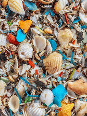 Top view of micro-plastics among seashells