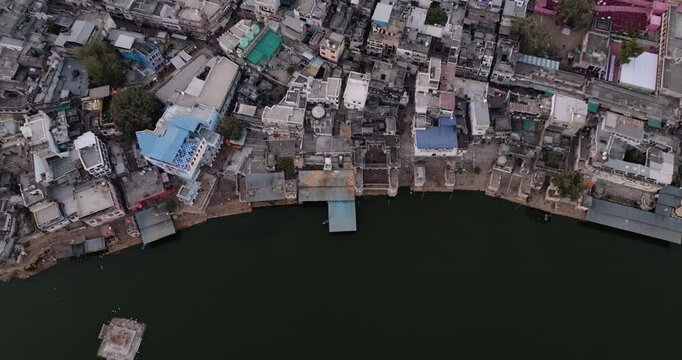 Aerial view of Pushkar Lake and ghats, India.