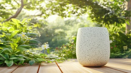 Terracotta-like planter on a wooden surface, bathed in sunlight.