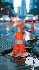 Orange traffic cone placed next to large pothole filled with muddy water on damaged asphalt road. Urban infrastructure problem, street maintenance issue, road safety hazard, construction warning conce