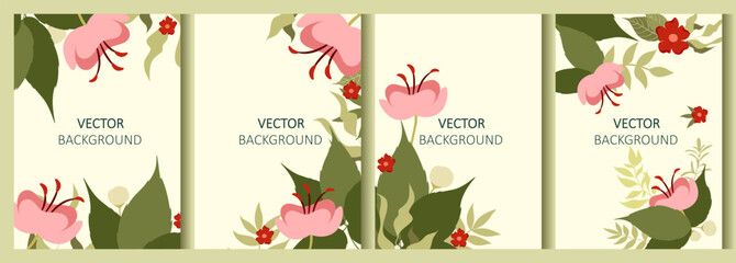 A set of bright backgrounds with simple flowers. Vector for flyers, postcards, design, social media, and advertising.

