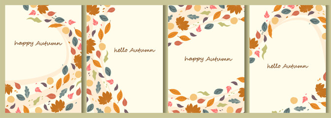 Set of autumn backgrounds with simple leaves. Poster or cover in bright colors. Vector for flyers, postcards, design, social media, and advertising.