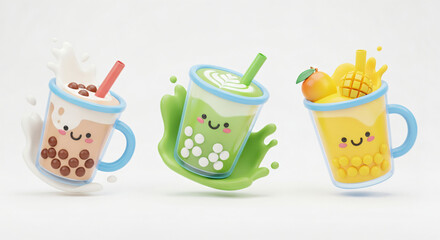 3D model iconic cartoonish boba tea, tea made with  tapioca bubbles and milk. White background isolated.