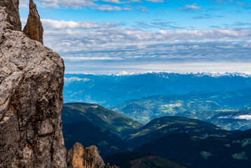 Zillertal Alps from Forcella Grande del Latemar in the Dolomites during summer morning