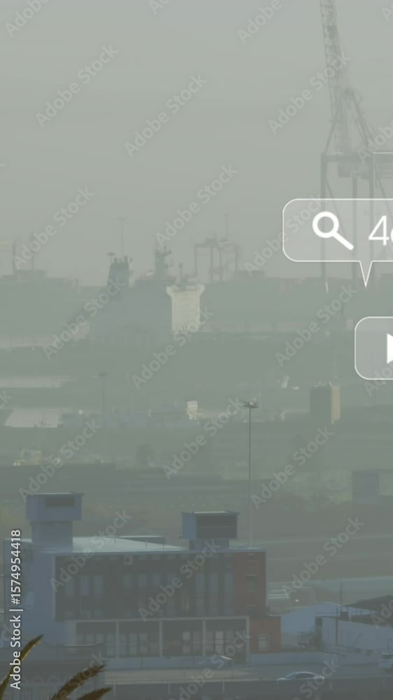 Poster animation of notification and changing numbers, fog covered buildings and cranes