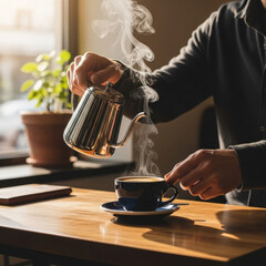 A man pours hot coffee into a cup, steam rising in the air