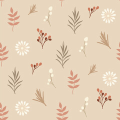 A floral seamless pattern of simple plants in soft colors. Vector.
