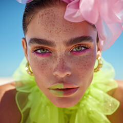 Close-up portrait of a freckled woman with bold pink eye makeup and green lipstick wearing neon tulle and a large pink bow. High-fashion beauty concept with vibrant colors and textures.