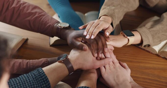 Support, partnership and hands of people stack together in solidarity, trust and faith for bible study. Community, meeting and above for religion, worship and scripture or collaboration for praise