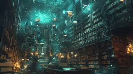 Enchanting Library with Floating Books and Celestial Glow, Fantasy Interior Scene