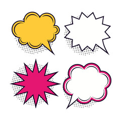 Manga speech bubble. Comic text frame with pop art halftone dotted effect. Balloon chat shape for dialog. Cloud for shock shout and scream action messages.