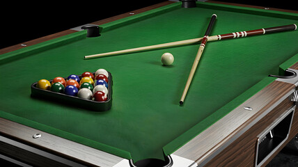 High-angle full shot of pool table with racked balls, cue ball, and two diagonal cues.
