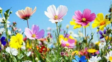 Fototapeta premium Colorful Cosmos Flowers Blooming in Wildflower Meadow under Blue Sky for Spring Summer Background and Garden Decoration