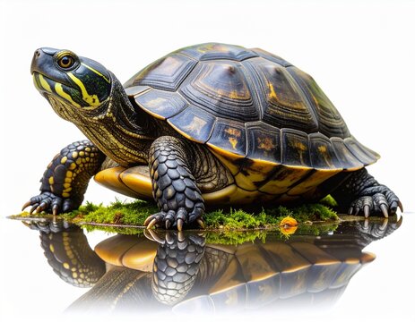 A turtle with a dark shell and yellow markings on its head standing on green moss and reflecting in water - Powered by Adobe