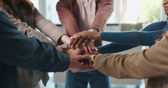 Hands together, teamwork and community with business people in office for mission, synergy or trust. Partnership, collaboration and inclusion with group of employees in agency for support and respect - Powered by Adobe