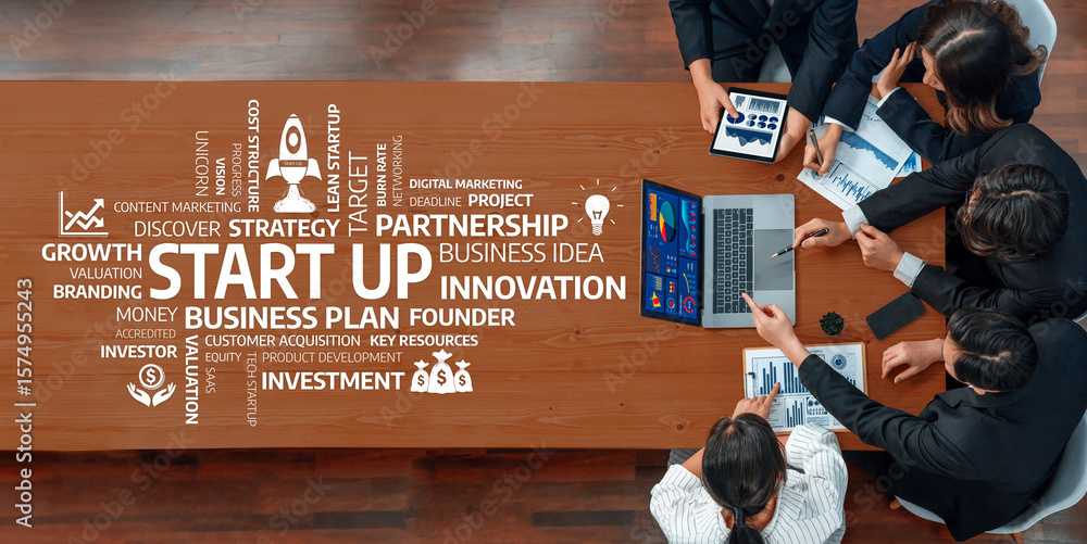 Poster a dynamic startup meeting where a team collaborates on a business plan, discussing strategies for in