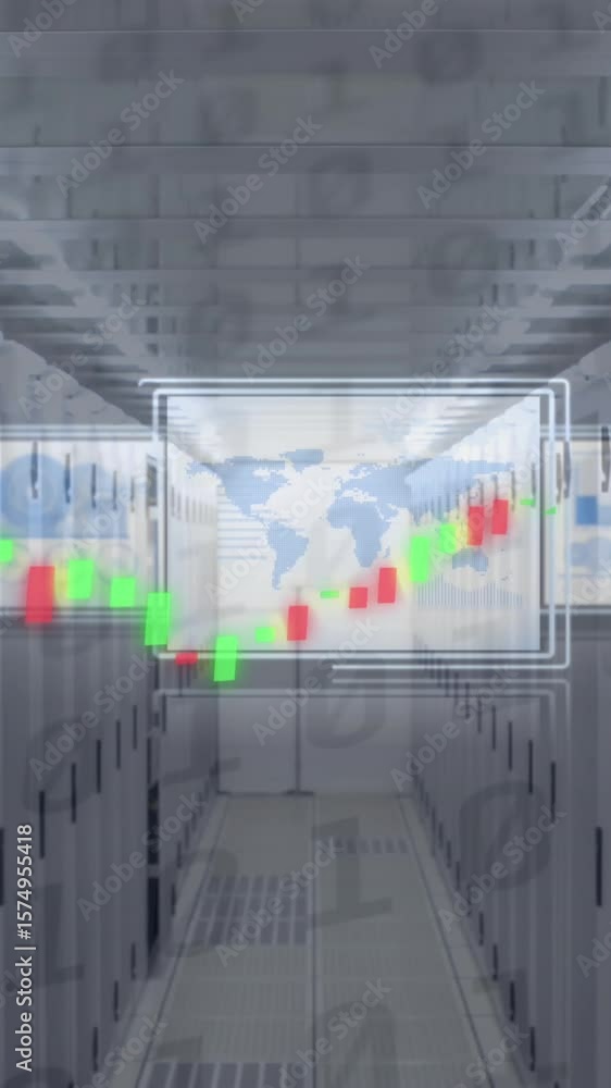 Poster animation of graph over infographic interfaces in digital tablets against server room