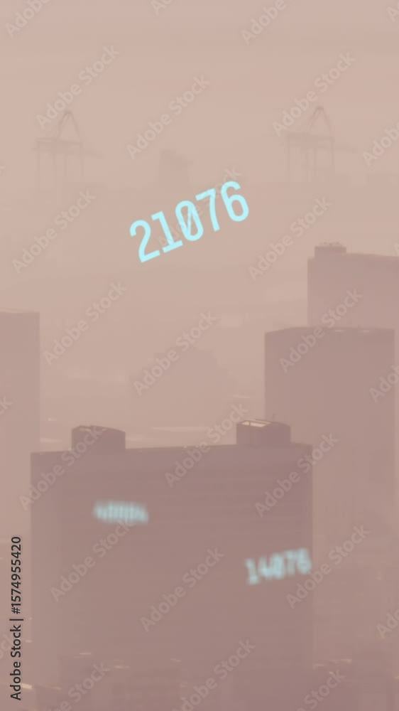 Poster animation of multiple changing numbers floating against aerial view of cityscape