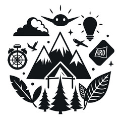 Circular Outdoor Adventure & Travel Vector Set: Mountains, Camping, Nature Elements & Exploration Icons isolated on white background