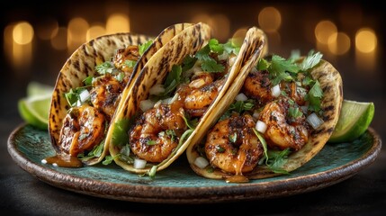 Three golden corn tortilla tacos with savory filling