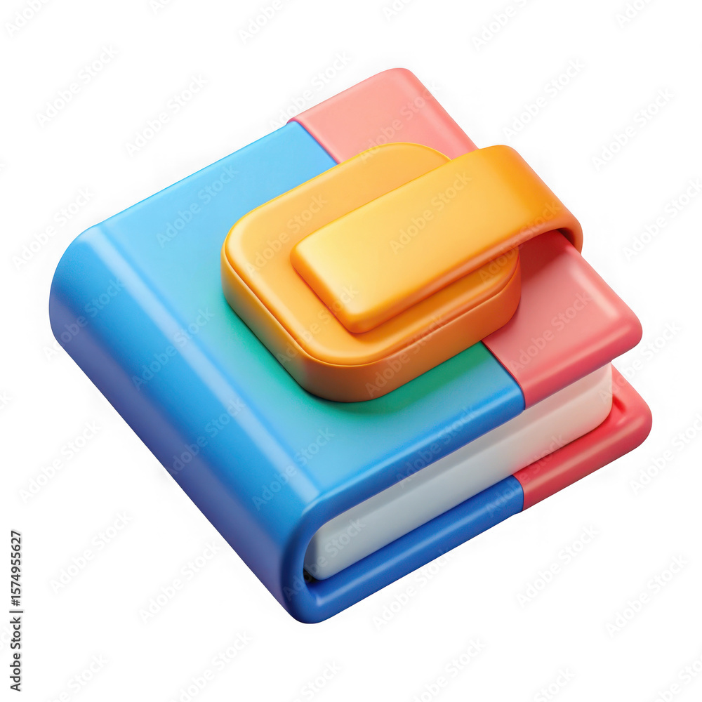 Poster stylized 3d book with colorful pages and orange clasp isolated on transparent background