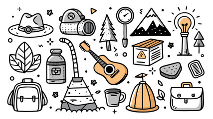 Rustic Hand-Drawn Camping & Outdoor Icons Set: Hiking Gear, Nature Elements & Adventure Tools isolated on white background