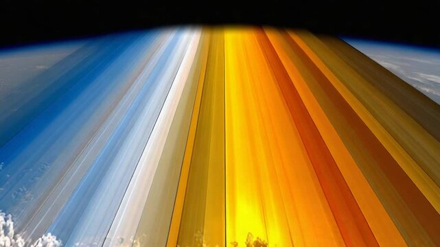 Abstract depiction of Earth's atmospheric layers with colorful light streaks through clouds,