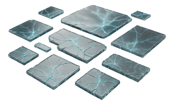 Shattered digital panels, each emitting a faint electric glow and random static.