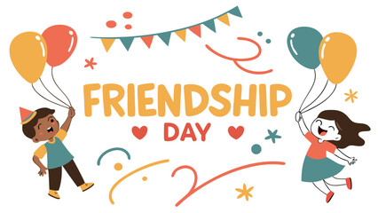 Friendship day celebration with friends balloons party and happy kids vector illustration design art