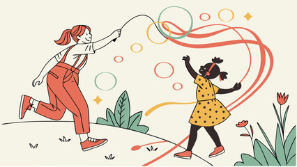 Children playing jump rope outdoor activity vector illustration for kids fun and recreation time together