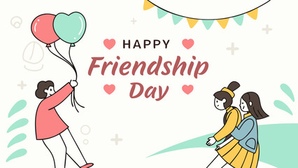 Happy friendship day greeting card with friends balloons and celebration elements vector illustration