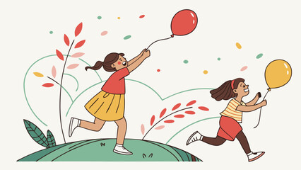 Two girls running with balloons illustration vector art for children happy playful outdoor scene design