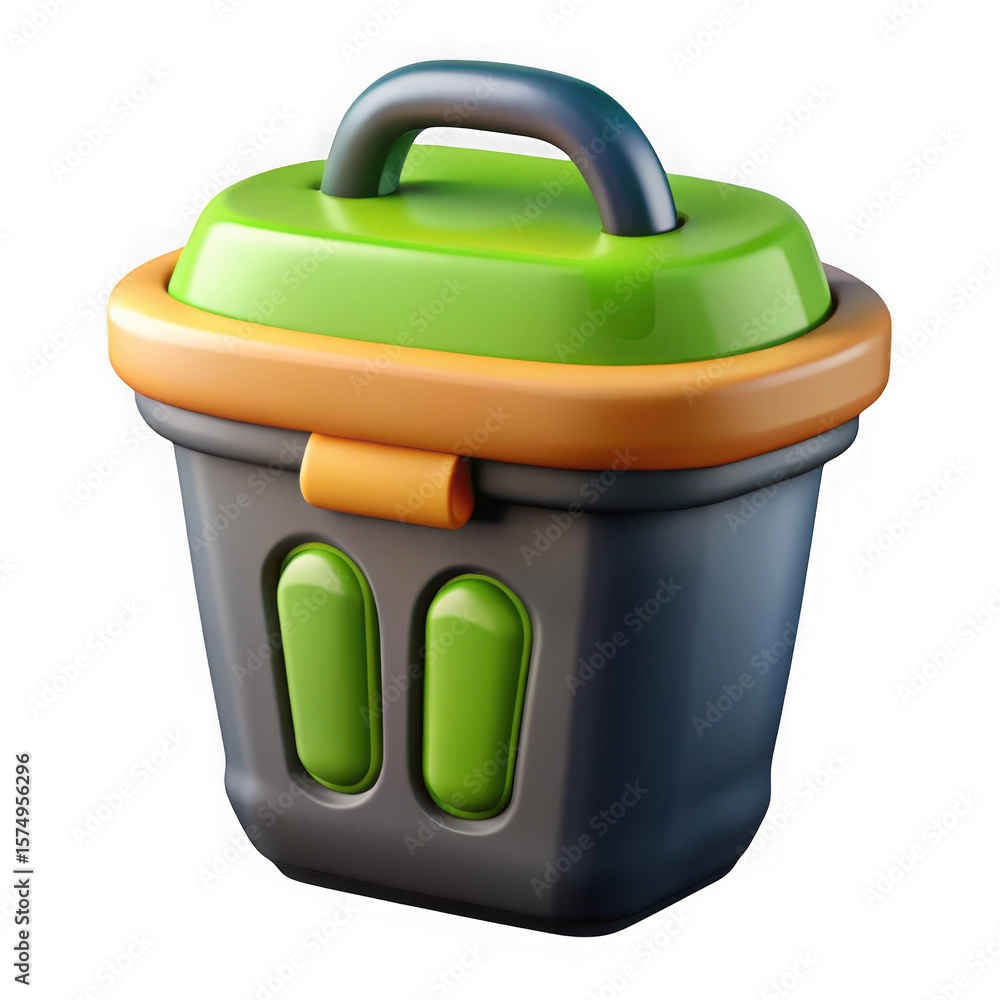 Aufkleber 3d rendered cartoonish trash can with green lid and handle isolated on transparent background