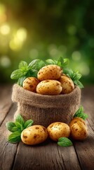 Fresh goldenbrown potatoes in rustic basket