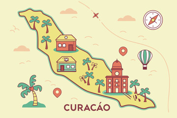 Fototapeta premium Curacao tourism map with icons for landmarks, beaches, dive spots, and neighborhoods in a colorful flat style