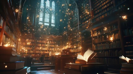 Magical library with glowing books and sparkling lights, creating a mystical atmosphere