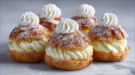 Elegant cream puffs on a white plate  gourmet dessert display